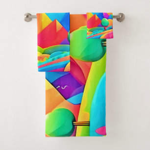 Vibrant Rainbow Cartoon Landscape Bath Towel Set