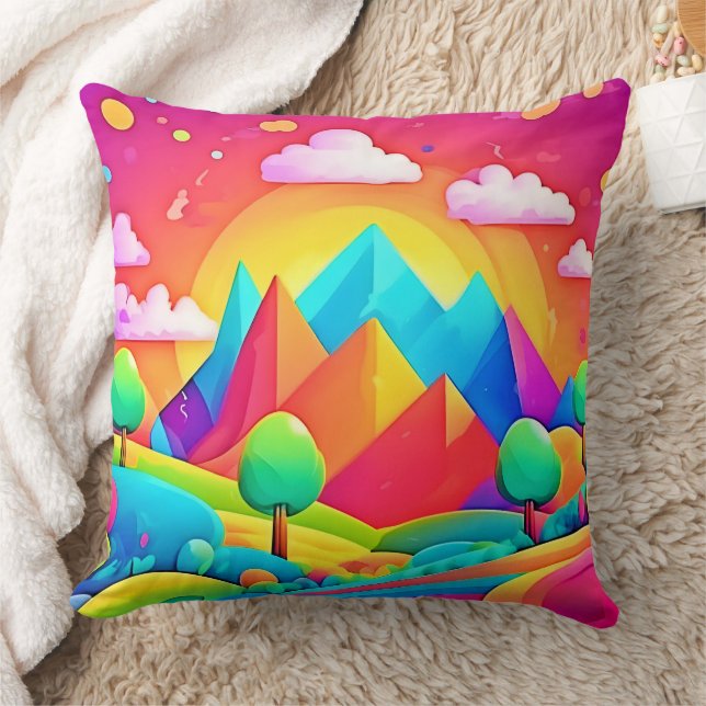 Vibrant Rainbow Cartoon Landscape Throw Pillow (Blanket)