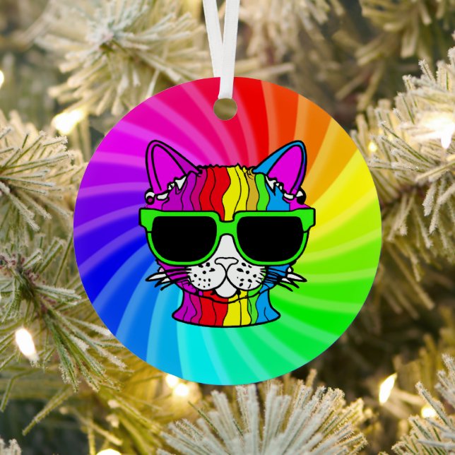Vibrant Rainbow Cat Metal Ornament (Insitu)
