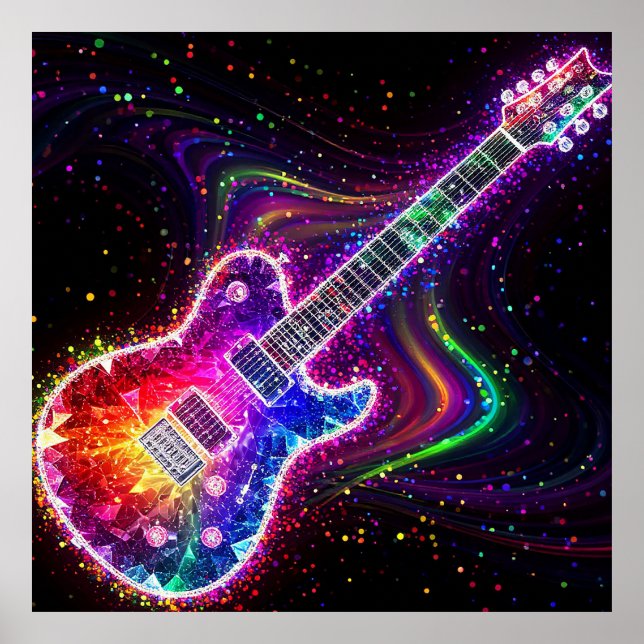 Vibrant Rainbow Electric Guitar With Abstract Poster (Front)