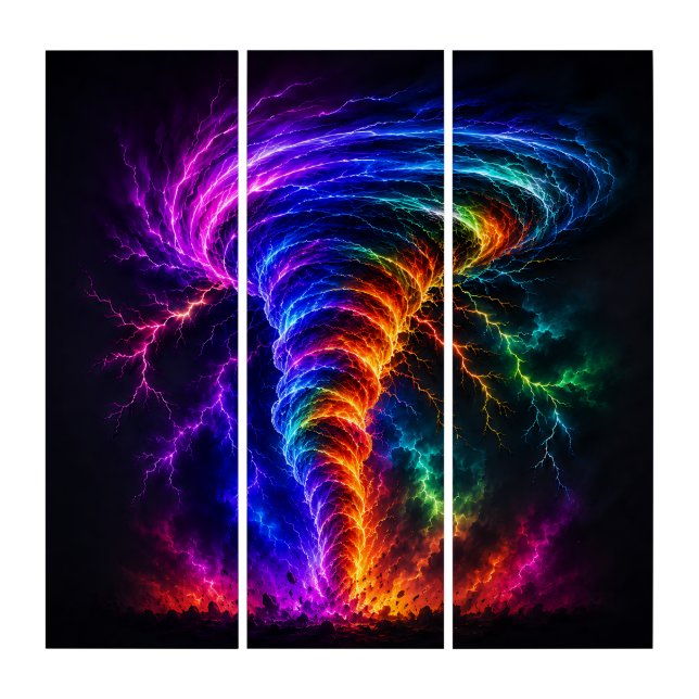 Vibrant Rainbow Energy Vortex Electrifying Tornado Triptych (Front)