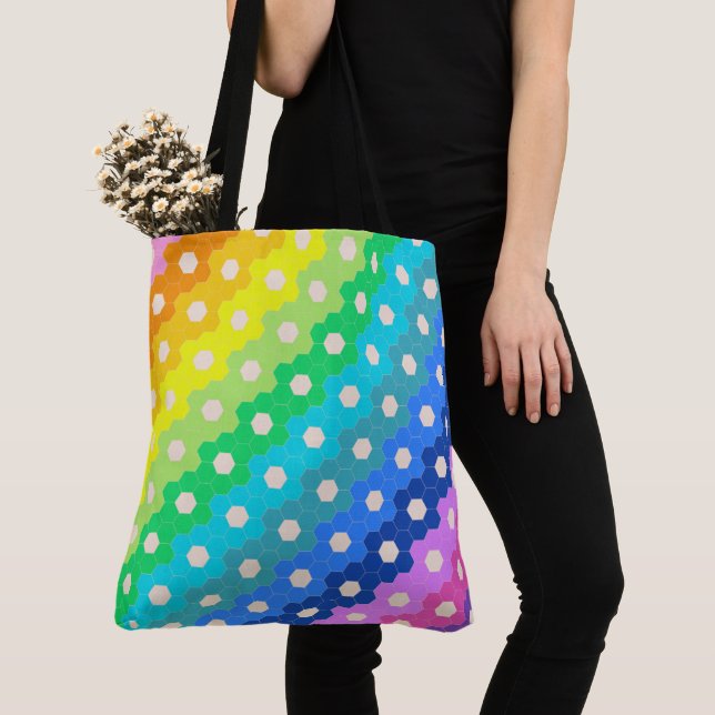 Vibrant Rainbow Geometric Hexagon Floral Pattern Tote Bag (Close Up)