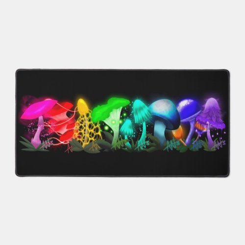 Vibrant Rainbow Glowing Mushrooms Desk Mat