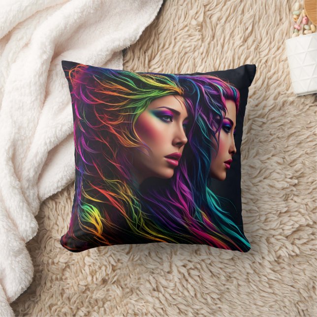 Vibrant Rainbow Hair Artistry With Dual Portraits Throw Pillow (Blanket)