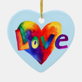 Vibrant Rainbow Hearts With The Word Love Ornament