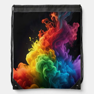 Vibrant rainbow ink-smoke cloud black background drawstring bag