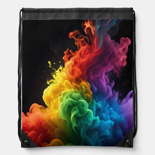 Vibrant rainbow ink-smoke cloud black background drawstring bag (Front)