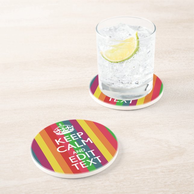 Vibrant Rainbow Keep Calm And Your Text Customize Sandstone Coaster (Side)