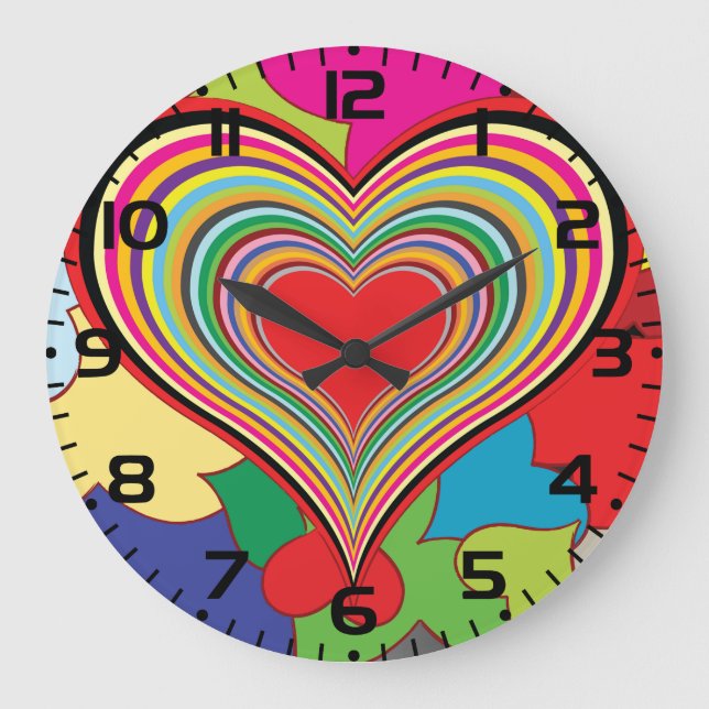Vibrant Rainbow Layered Heart Abstract Large Clock (Front)