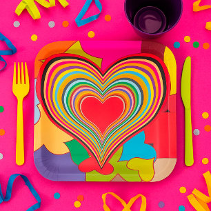 Vibrant Rainbow Layered Heart Abstract Paper Plates