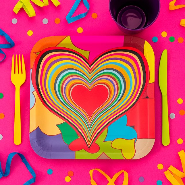Vibrant Rainbow Layered Heart Abstract Paper Plates (Creator Uploaded)