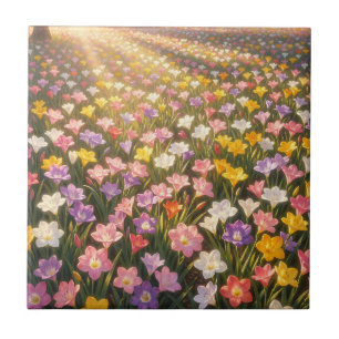 Vibrant Rainbow Lily Flower Field Ceramic Tile