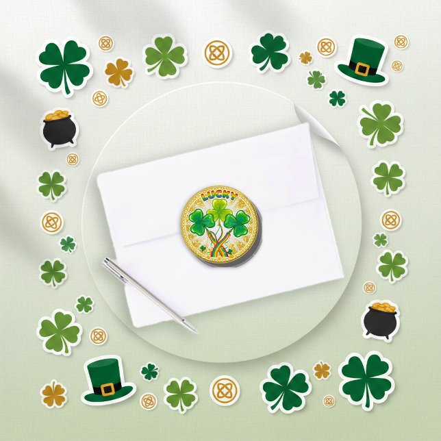 Vibrant Rainbow Lucky Shamrock Glitter Classic Round Sticker (Creator Uploaded)