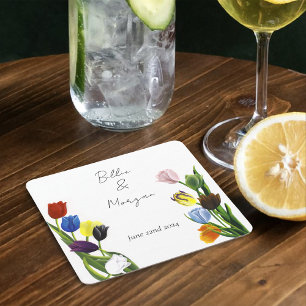 Vibrant Rainbow Minimalist Tulip LGBTQ+ Square Paper Coaster