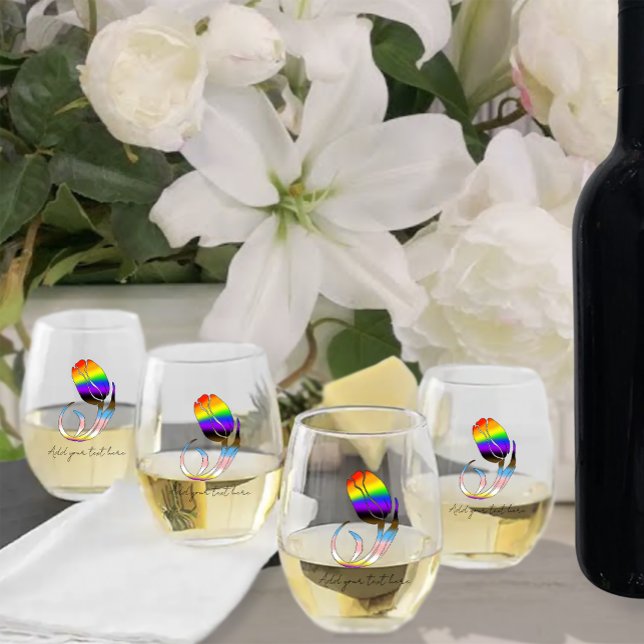 Vibrant Rainbow Minimalist Tulip LGBTQ+  Stemless Wine Glass (Creator Uploaded)