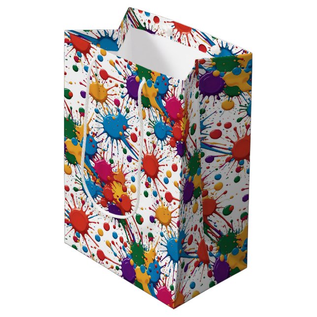 Vibrant Rainbow Paint Splatter and Drips Medium Gift Bag (Front Angled)