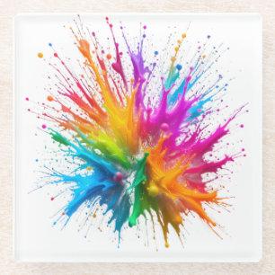 Vibrant Rainbow Paint Splatter Explosion Glass Coaster