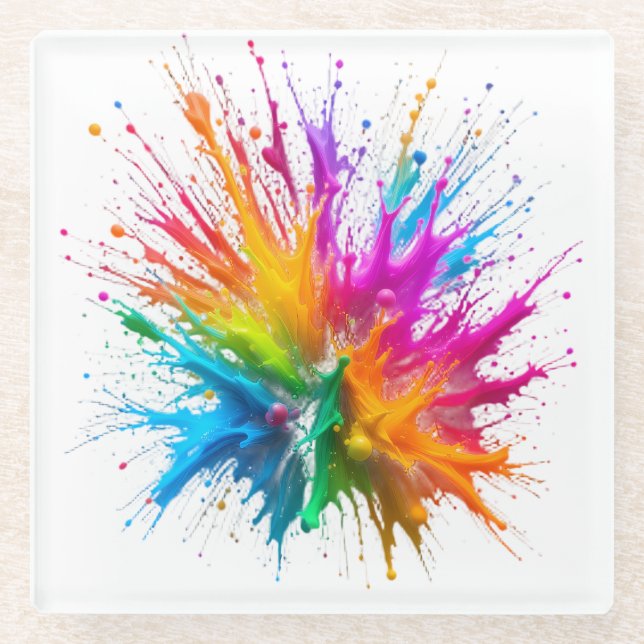 Vibrant Rainbow Paint Splatter Explosion Glass Coaster (Front)