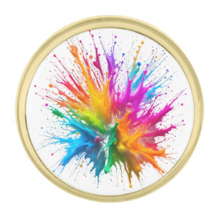Vibrant Rainbow Paint Splatter Explosion Gold Finish Lapel Pin