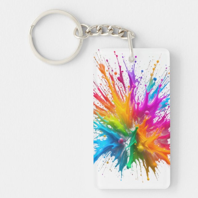 Vibrant Rainbow Paint Splatter Explosion Keychain (Front)