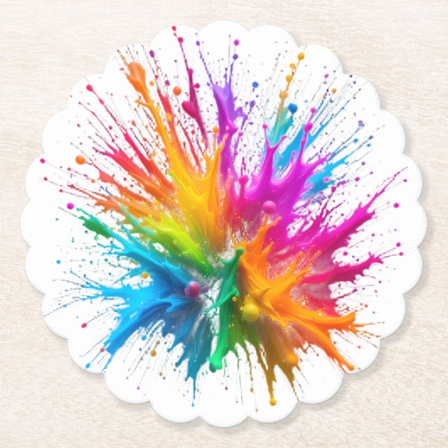 Vibrant Rainbow Paint Splatter Explosion Paper Coaster (Front)