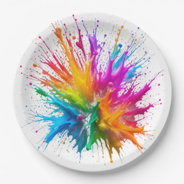 Vibrant Rainbow Paint Splatter Explosion Paper Plates (Front)