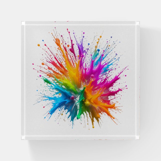Vibrant Rainbow Paint Splatter Explosion Paperweight (Front)