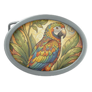 Vibrant Rainbow Parrot Art Nouveau Belt Buckle