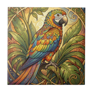 Vibrant Rainbow Parrot Art Nouveau Ceramic Tile