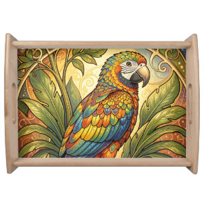 Vibrant Rainbow Parrot Art Nouveau Serving Tray