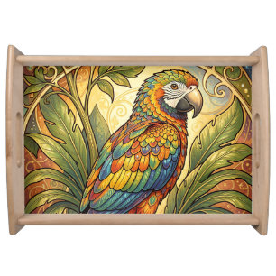 Vibrant Rainbow Parrot Art Nouveau Serving Tray