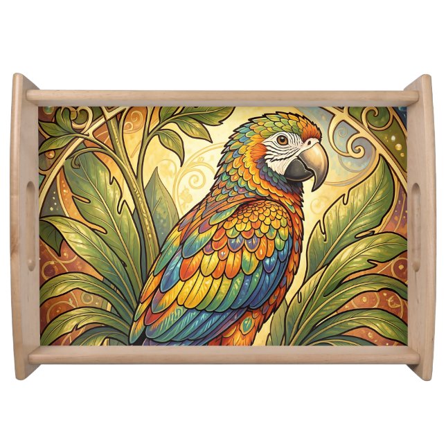 Vibrant Rainbow Parrot Art Nouveau Serving Tray (Front)
