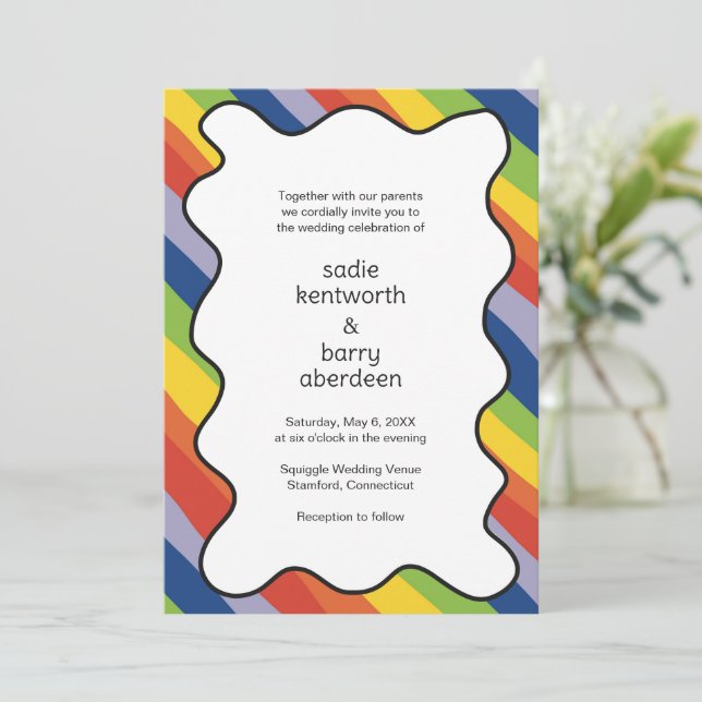 Vibrant Rainbow Squiggle Frame Modern Wedding Invitation (Standing Front)