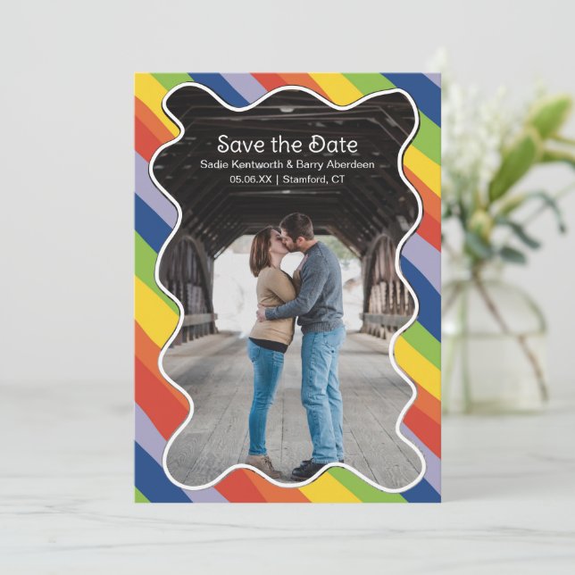 Vibrant Rainbow Squiggle Frame Modern Wedding Save The Date (Standing Front)