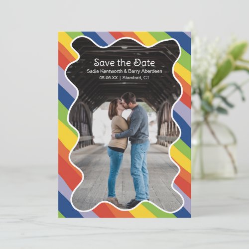 Vibrant Rainbow Squiggle Frame Modern Wedding Save The Date
