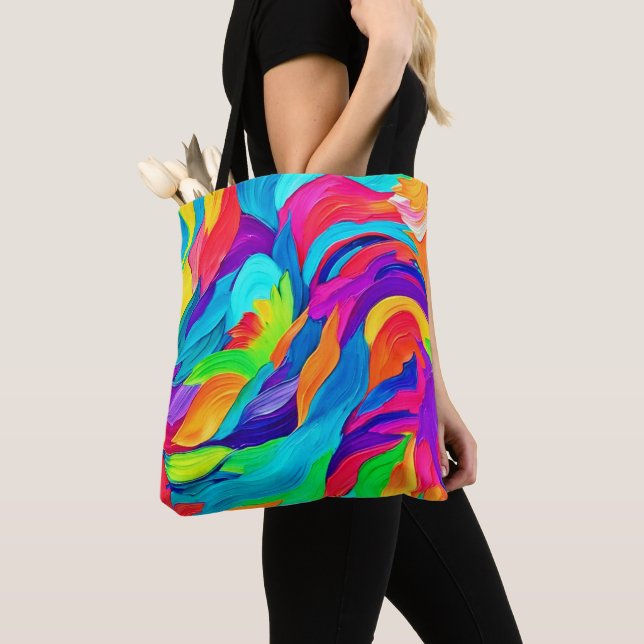 Vibrant Rainbow Swirls Abstract Art Tote Bag (Close Up)