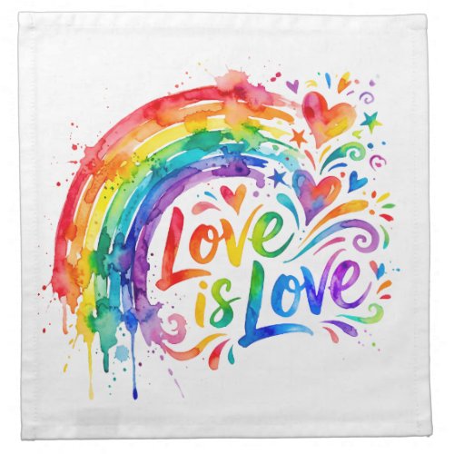 Vibrant Rainbow Watercolor Splatter "Love is Love" Cloth Napkin