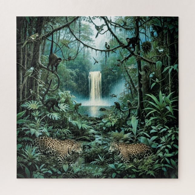 Vibrant rainforest green foliage majestic jaguars jigsaw puzzle (Vertical)