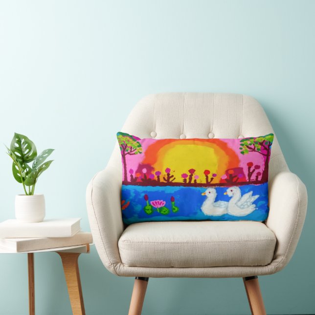 Vibrant Rangoli Swan Landscape Pillow (Chair)