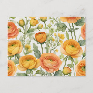 Vibrant Ranunculus Watercolor Pattern in Yellow Postcard