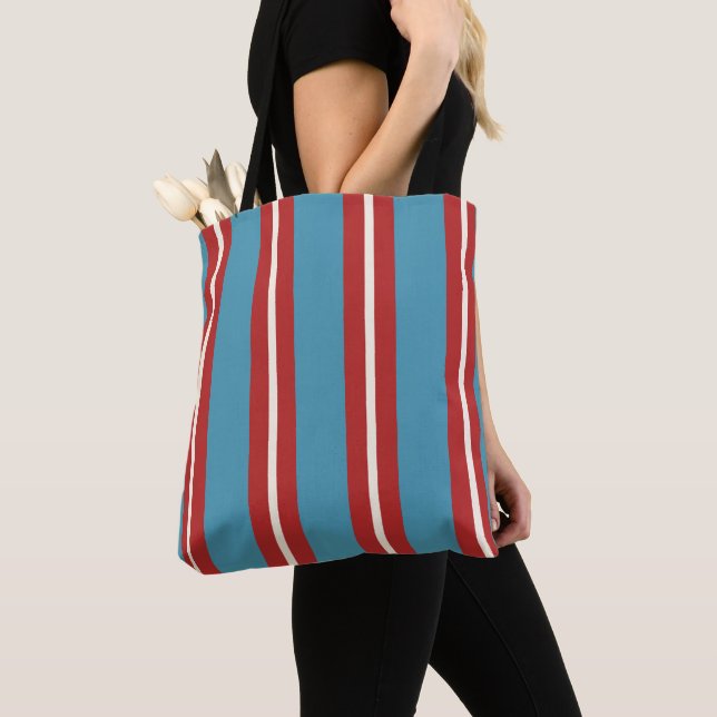 Vibrant Red and Blue Striped Pattern Modern Design Tote Bag (Close Up)