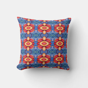 Vibrant Red and Blue Symmetrical Festival Pattern Throw Pillow