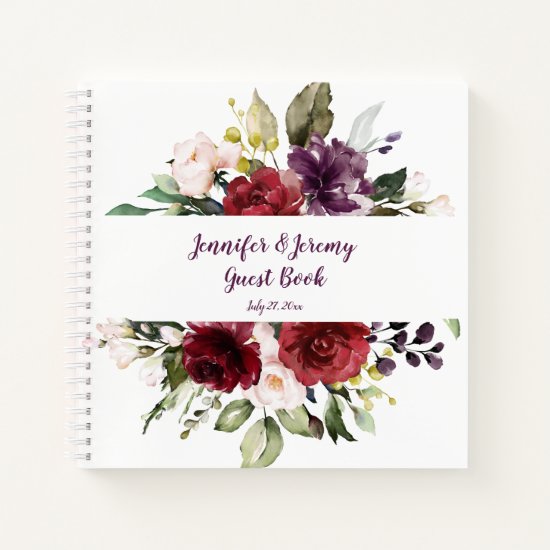 Vibrant Red and Purple Watercolor Roses Guest Book