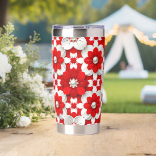 Vibrant Red And White Floral Pattern With Pearl Insulated Tumbler