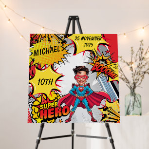 Vibrant Red and Yellow Superhero Caricature Foam Board