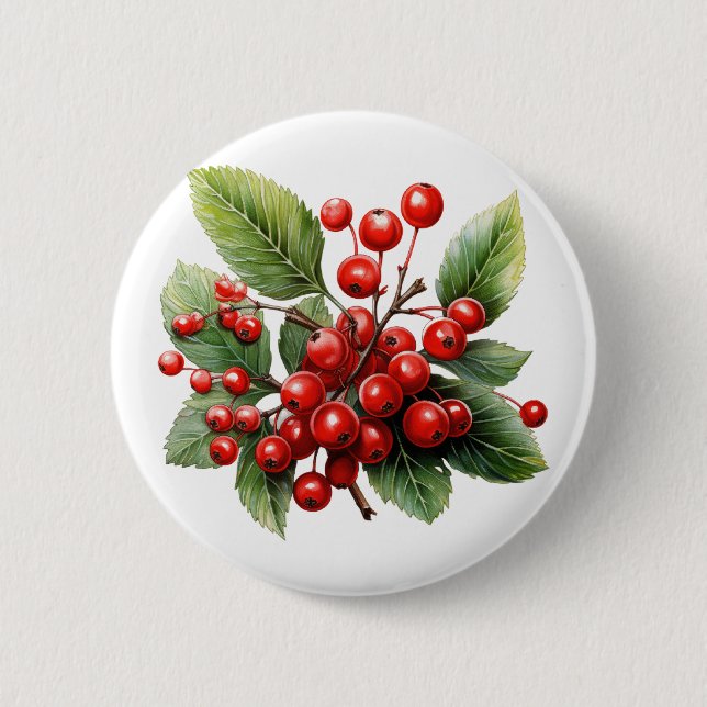 Vibrant Red Berries with Lush Green Leaves  Button (Front)