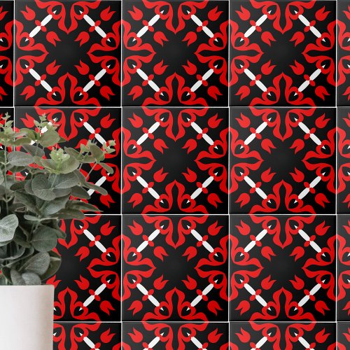 Vibrant Red Black and White Japanese Pattern Ceramic Tile