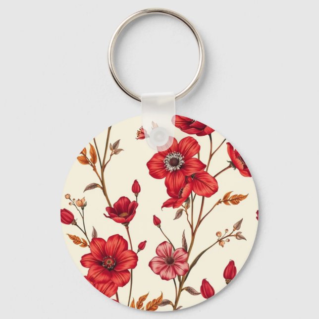 Vibrant Red Botanical Illustration Keychain (Front)