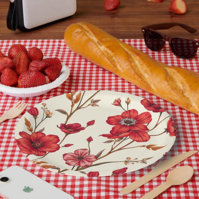 Vibrant Red Botanical Illustration Paper Plates (Picnic)