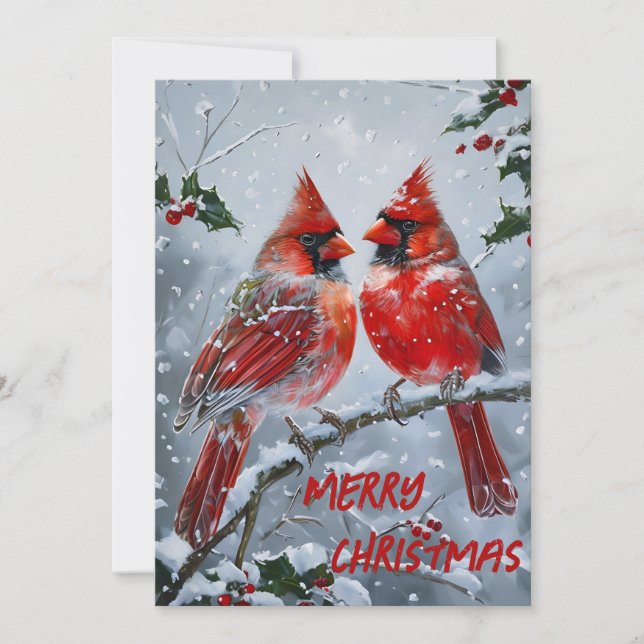 Vibrant Red Cardinals on a Snowy Branch Holiday Card (Front)